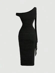 Vestido elegante de longitud media, de corte ajustado, cuello asimétrico y drapeado en unicolor para mujer - Negro - Ver 2