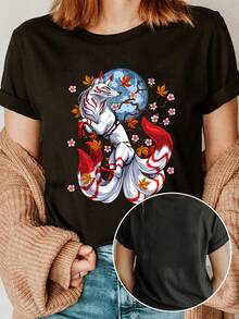 Zorro Kitsune Japonés de Nueve Colas con Flores de Cerezo - Negro - Ver 2