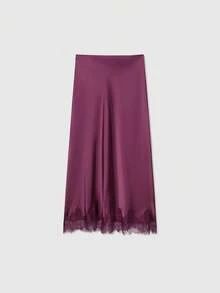 Rok Midi Wanita Warna Polos dengan Hiasan Renda dan Bahan Mirip Sutra untuk Musim Panas - Burgundy - View 2