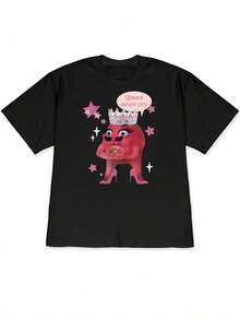 Short-Sleeved T-Shirt With Dropped Shoulders, New For Spring/Summer 2026, Modern, Cool And Eccentric Red Character (With Crown, Heart-Shaped Glasses, Pink High Heels) And English Dialogue Box "Queen Never Cry" And Pink Star/Rhinestone Decorative Elements Co - 黑色 - 查看 1