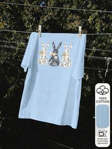 Plus Size Women's 100% Cotton Rabbit Print Blouse, Graphic Tee, Soft Fabric, Cotton Clothing, Outdoor Wear, Printed Print, Summer T-Shirt For Women, Blouse, Summer Top, Vacation Outfit, Travel Style, Beach Vibe, Minimalist Resort Wear - 淺藍色 - 查看 3