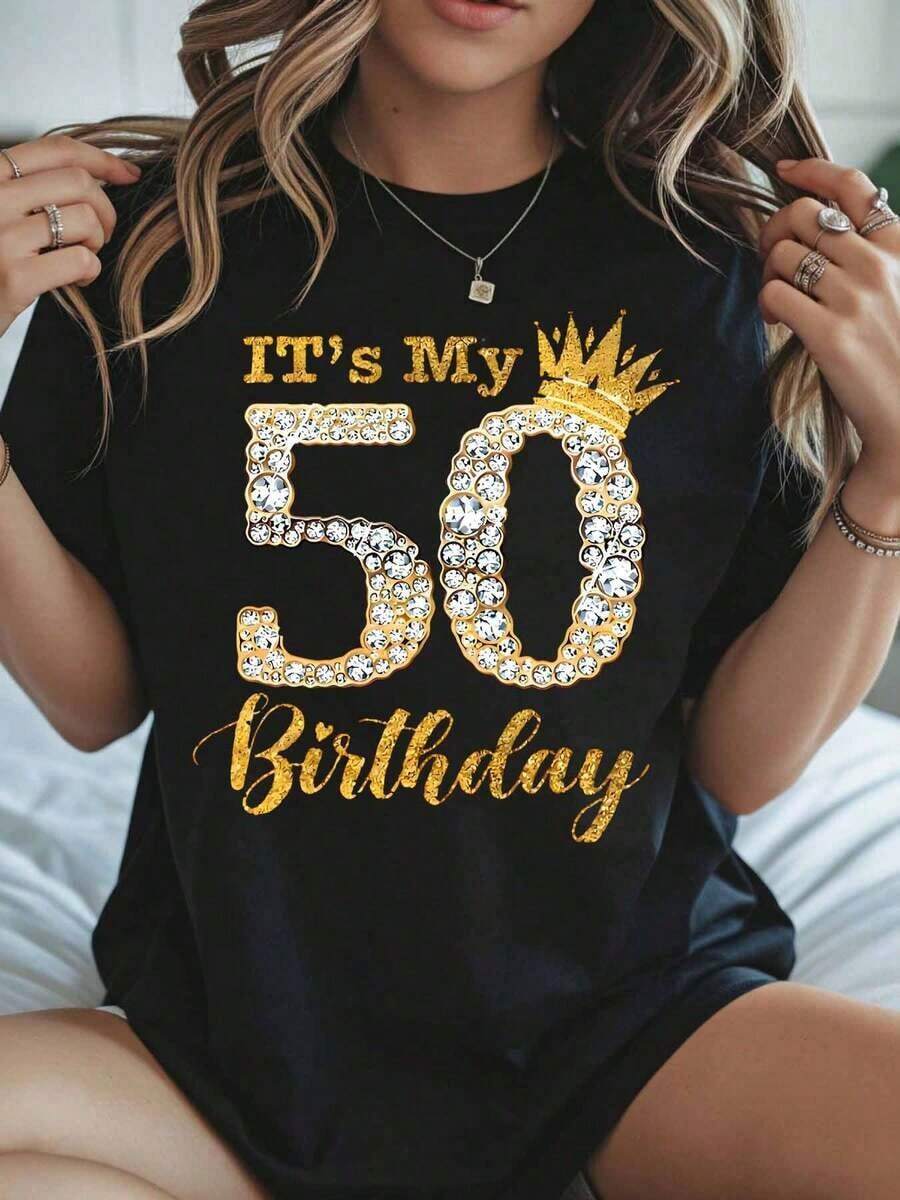 1 Piece "It's My 50th Birthday" T-Shirt For Women With Gold Rhinestone Crown, 50th Birthday Celebration Gift For Her, 50th Anniversary Clothing, 180g 100% Cotton - 黑色 - 查看 1