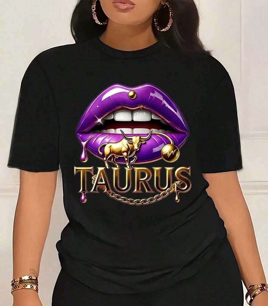 1 Piece Women's Round Neck T-Shirt, With Purple Lips Print, Golden Bull And Taurus Text, Short Sleeve, For Zodiac Fashion, Casual Wear, 180g 100% Cotton - 黑色 - 查看 1
