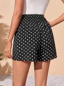 Pantalones cortos informales para mujer, pantalones cortos negros con cintura elástica y cintura alta con lunares, pantalones cortos holgados y elegantes, pantalones cortos para vacaciones de primavera y verano - Negro - Ver 3