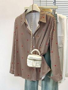 Blusa de mujer con cuello polo, estampado de corazones y rayas - Camisa casual de manga larga con botones, adecuada para uso diario en primavera, verano y otoño - Café integral - Ver 11