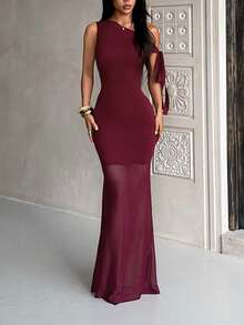 Vestido de verano para mujer WOWDARK, rojo vino, atuendo elegante con tirante asimétrico, superposición de gasa para fiesta y boda - Burdeos - Ver 6