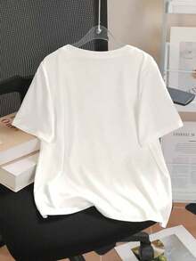 Camiseta ajustada de mujer con bordado de letras, casual y de moda - Blanco - Ver 2