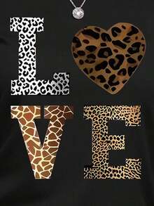 r de manga corta con cuello redondo, estampado de leopardo y gráfico de letras, de estilo casual - Negro - Ver 5