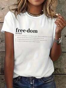 "Definition Of Freedom" Women's T-Shirt - Short Sleeve Crew Neck Casual Blouse With Letter Print, Medium Stretch Suitable For Summer And Spring, Washable And Non-Opaque T-Shirt For Casual Wear And Layering - 白色的 - 查看 9