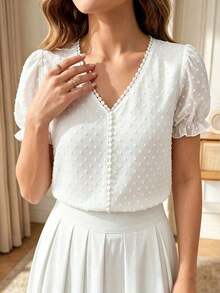Blusa de gasa con estampado de lunares francés de moda para mujer, diseño elegante y elegante de manga corta con volantes para el verano - Blanco 2 - Ver 8
