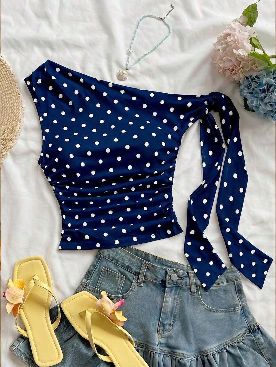para mujeres que salen a la playa en verano, vacaciones, parte superior de mujer de color amarillo claro con hombros asimétricos, tirantes de lazo, fluida y ajustada, adecuada para fiestas, vacaciones, festivales de música, estilo bohemi - Azul marino - Ver 1