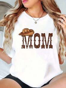 100% Cotton Matching T-Shirt For The Mom Western Family, With Cowboy And Cowgirl Print For Birthday, Short Sleeve, Round Neck, Comfortable, Casual, For Spring And Summer, Women's Clothing. - 白色 - 查看 6