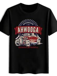 Camiseta Gráfica Vintage para Hombre con Diseño de Hot Rod y Muscle Car| Diseño automotriz retro de los años 50 con un clásico coche de carreras rojo y la inscripción AWOGGA, camiseta de verano transpirable de cuello redondo para exhibiciones de coches, viajes por carretera y uso casual - Regalo ideal para entusiastas de los coches. - Negro - Ver 1