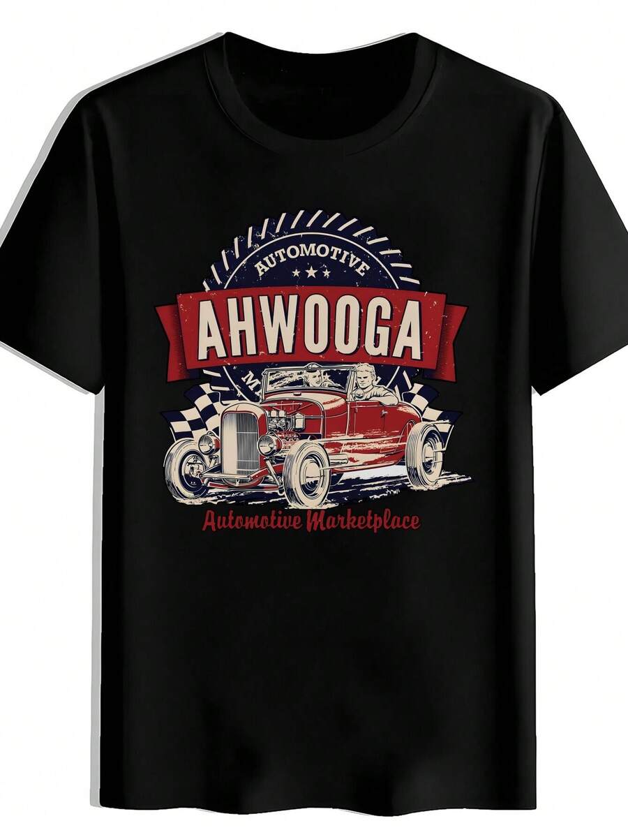 Camiseta Gráfica Vintage para Hombre con Diseño de Hot Rod y Muscle Car| Diseño automotriz retro de los años 50 con un clásico coche de carreras rojo y la inscripción AWOGGA, camiseta de verano transpirable de cuello redondo para exhibiciones de coches, viajes por carretera y uso casual - Regalo ideal para entusiastas de los coches. - Negro - Ver 1