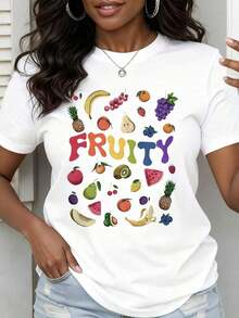 Camiseta Casual con Estampado de Frutas para Mujer, Camiseta de Verano con Diseño Gráfico de Frutas Coloridas, 100% Algodón, Duradera - Blanco - Ver 1