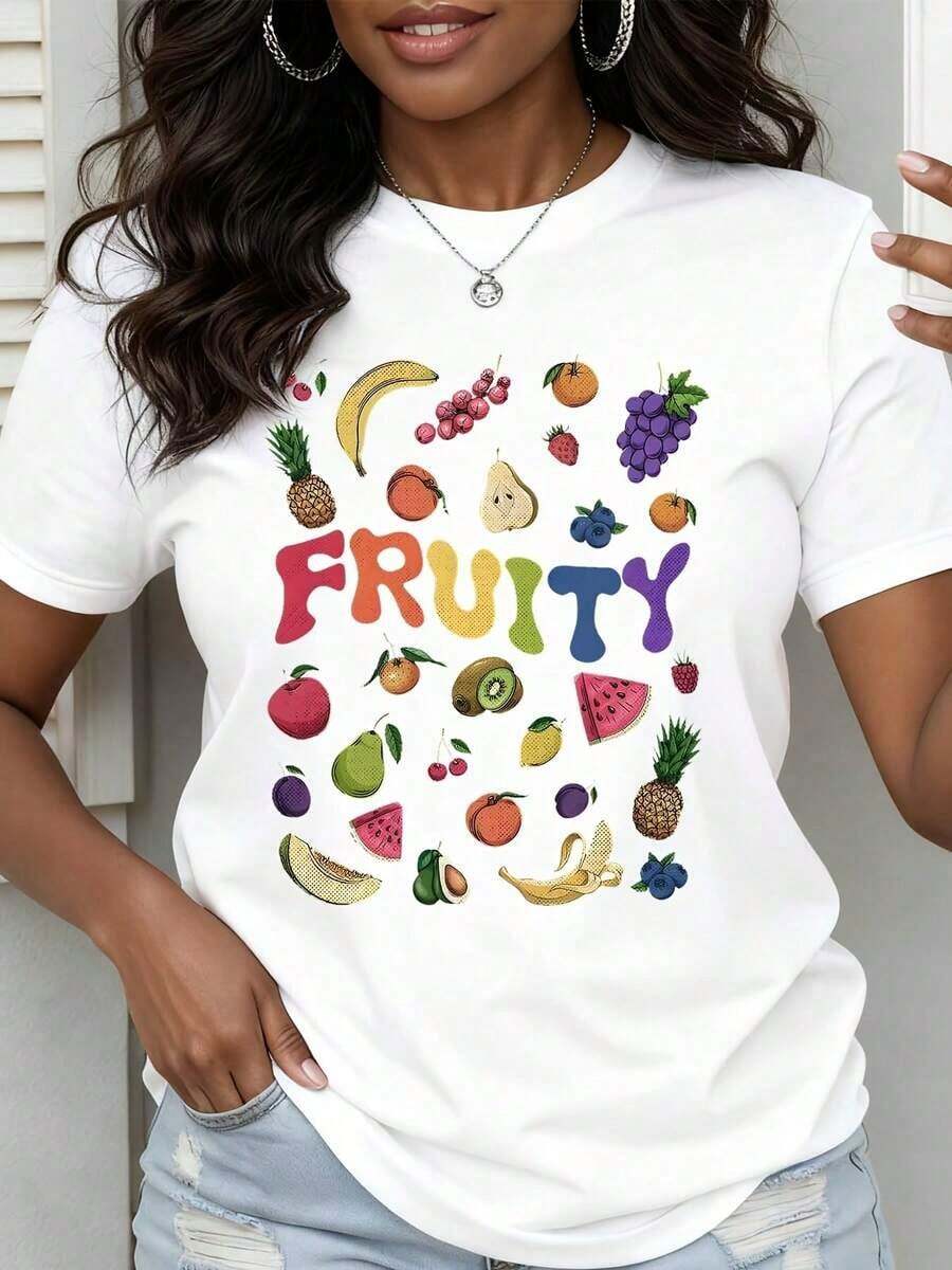 Camiseta Casual con Estampado de Frutas para Mujer, Camiseta de Verano con Diseño Gráfico de Frutas Coloridas, 100% Algodón, Duradera - Blanco - Ver 1