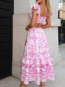 Vestido largo primavera 2026, estampado con calados y escote en cintura, estilo casual elegante - Rosa - Ver 3