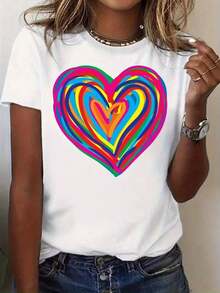 Camiseta de manga corta para mujer, 100% algodón, cuello redondo, estampada con un diseño de corazones coloridos, moderna y versátil, tela cómoda, estilo casual, lavable a máquina, ropa de mujer - Camiseta unisex de algodón, corte holgado, cómoda, estilo vintage urbano. Adecuada para primavera, verano y otoño. - Blanco - Ver 7