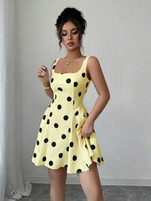 Vestido corto elegante negro con lunares de escote cuadrado - Amarillo claro - Ver 4