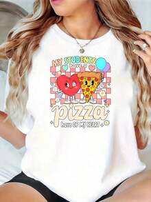 NEW Crew Neck T-Shirt Printed With The Words "My Students Have A Piece Of My Heart", A Fun Valentine's Day T-Shirt For Women, With Cute Pizza And Heart Designs, Suitable As A Holiday Gift - Unisex Vintage Street Style T-Shirt, Loose Fit, Pure Cotton, Short Sleeve And Crew Neck. - 白色 - 查看 1