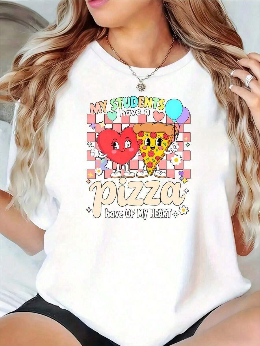 NEW Crew Neck T-Shirt Printed With The Words "My Students Have A Piece Of My Heart", A Fun Valentine's Day T-Shirt For Women, With Cute Pizza And Heart Designs, Suitable As A Holiday Gift - Unisex Vintage Street Style T-Shirt, Loose Fit, Pure Cotton, Short Sleeve And Crew Neck. - 白色 - 查看 1