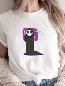 Comfortable 100% Pure Cotton Women's Short-Sleeved T-Shirt With A Casual Sporty Print, Suitable For All Seasons. An Excellent Gift For Christmas, Easter, Halloween, And Valentine's Day, And A Great Birthday Present For A Girlfriend, Wife, Or Daughter. Loose, Versatile, Pure Cotton T-Shirt For Women. - 白色的 - 查看 7