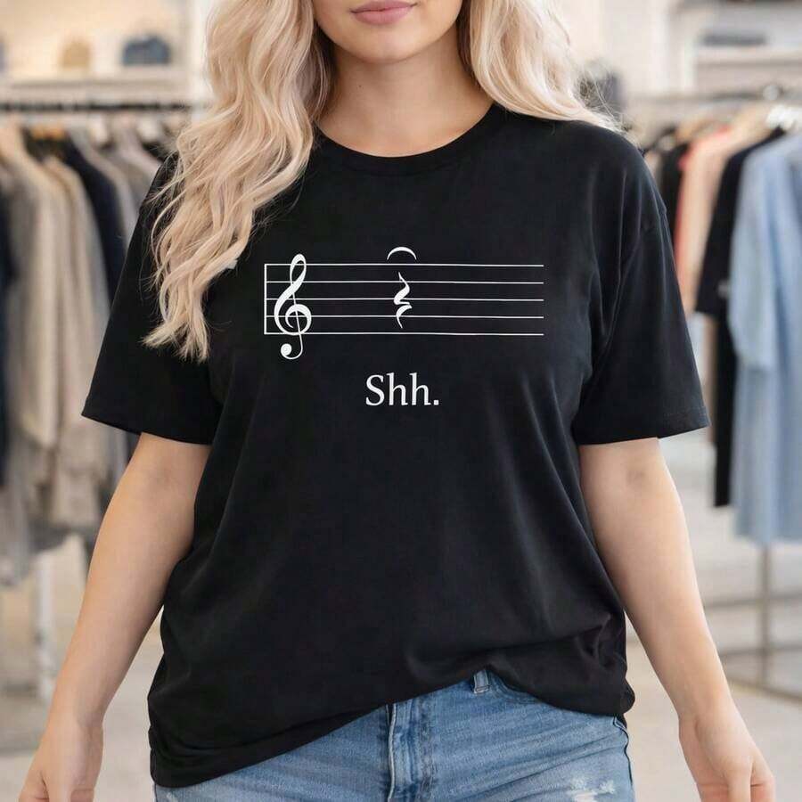 Plus Size Cotton T-Shirt For Women, With Musical Note Print, Short Sleeve, Loose Fit, Casual Top, Round Neck, Basic T-Shirt, Sizes M-5XL, Soft And Breathable Fabric, Shh Graphic Print T-Shirt For Curvy Ladies, Suitable For Spring, Summer And Autumn. - Black - View 1