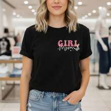 Camiseta de Algodón con Estampado "Girl Mom" para Mujer - Manga Corta, Cuello Redondo, Estilo Casual con Estampado de Mariposas, Suave y Cómoda, Ideal para Uso Diario, Tallas S-5XL, Diseño Rosa/Blanco, Corte Holgado, Moda de Verano, Adecuada para primavera, verano y otoño. - Negro - Ver 7