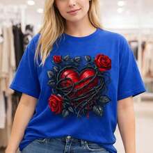Camiseta de Algodón con Estampado de Corazón y Rosa para Mujer, Tallas Grandes, M-5XL, Camiseta Casual de Manga Corta, Estilo Oversize, Estampado Gótico Vintage, Ajuste Holgado y Cómodo, Diseño de Espinas de Rosa Roja, Top de Moda de Tallas Grandes para Uso Diario, Adecuada para primavera, verano y otoño. - Azul - Ver 7