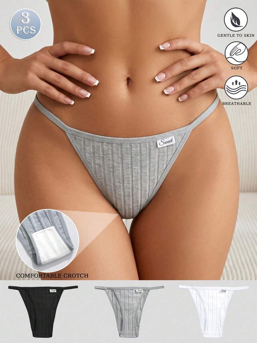 3pcs Women's Ribbed Elastic Seamless Low-Waist Panties, Comfortable Breathable Solid Color Underwear - Multicolor - View 1