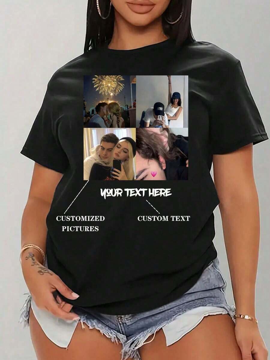 Camiseta Casual Personalizable para Mujer, Camisetas de Algodón con Impresión de Fotos Personalizadas, Camisetas de Cuello Redondo para Mujer con Diseño Impreso Personalizado, Añade Tu Propio Texto e Imágenes (Fotos Familiares/Selfies/Fotos de Mascotas/Fotos de Amigos/Logotipo de la Empresa) para Diseñar Tu Propia Camiseta Personalizada, Ropa Sencilla y Fácil de Usar, Simple y Elegante, Personalización Casual, Única, Personalizada, Regalo Ideal para Familia, Novia, Amigos, Adecuada para Aniversarios, Cumpleaños, Festivales/Festivos, 35% Algodón 65% Poliéster, Regalos de Halloween, Regalos Únicos, Regalos Originales, Uso Diario, Viajes, Fitness, 100% Algodón, Duradera - Negro - Ver 1