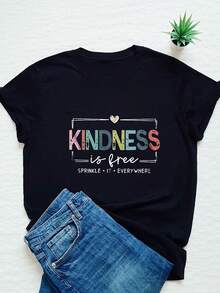 Women's Short-Sleeved T-Shirt With A Round Neck And Retro Print, Featuring The Message "Kindness Is Free, Spread It Everywhere." Ideal For Everyday Casual Wear, A Great Mother's Day Gift. - 白色 - 查看 5