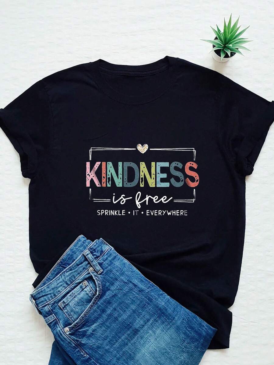 Women's Short-Sleeved T-Shirt With A Round Neck And Retro Print, Featuring The Message "Kindness Is Free, Spread It Everywhere." Ideal For Everyday Casual Wear, A Great Mother's Day Gift. - 黑色 - 查看 1