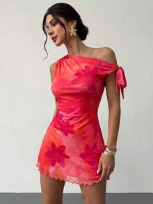 Elegant Off-The-Shoulder Floral Vacation Dress, Floral Mesh Dress, Asymmetrical Neckline Dress, Perfect For Spring/Summer, Beachwear, Elegant, Vacation, Beach, Hawaii, Date, Music Festival, Graduation, Prom - 紅色 - 查看 4