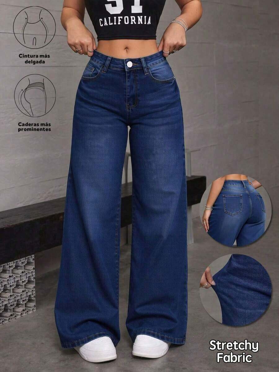 Jeans rectos de mezclilla azul oscuro efecto levantador de glúteos elásticos sueltos - Azul - Ver 1