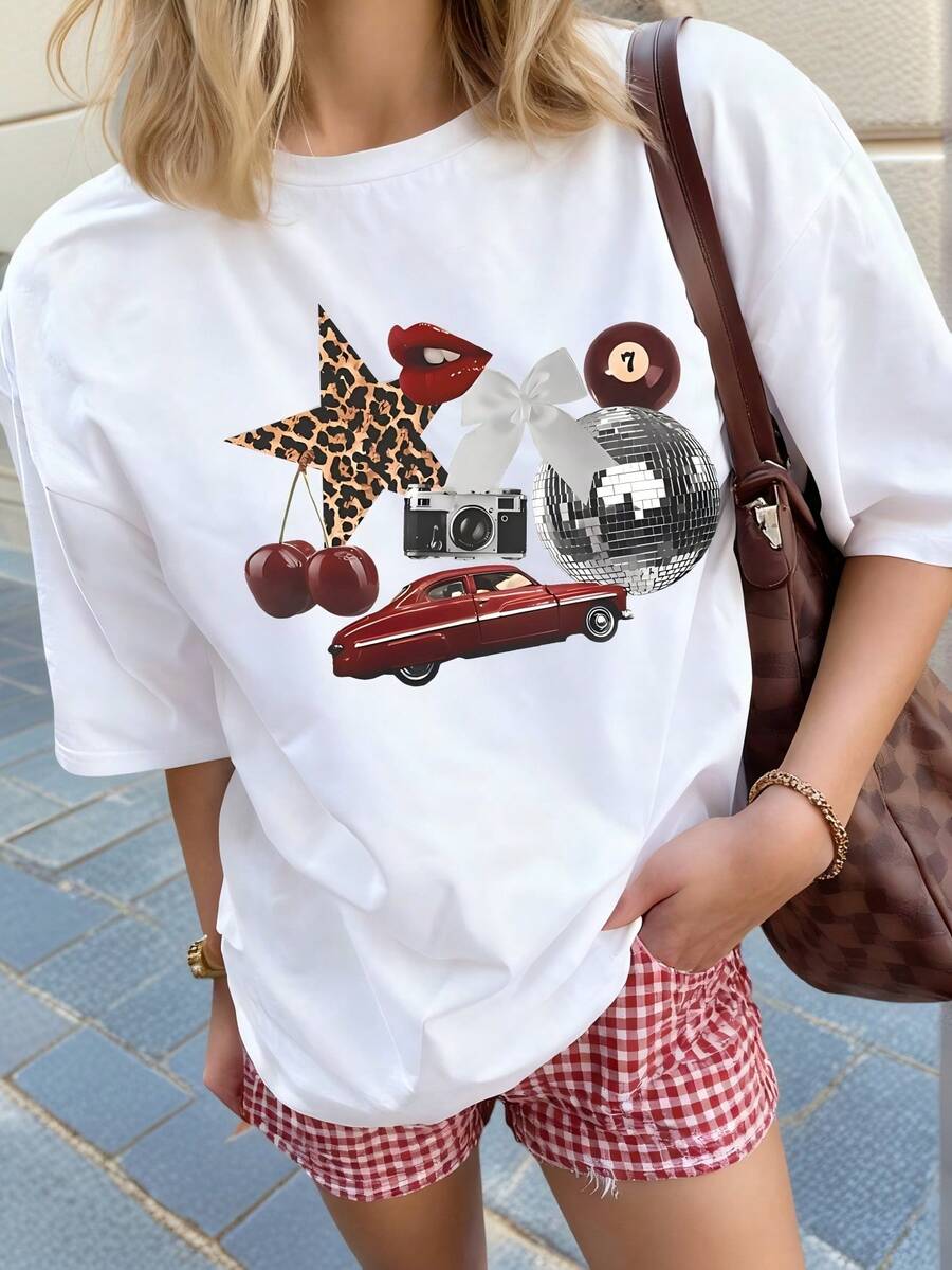 Playera Mujer Estilo Vintage con Diseño de Autos, Cerezas y Bola de Discoteca, Cuello Redondo Manga Corta, Color Blanco Casual para Verano - Blanco - Ver 1