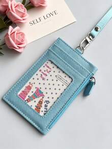 Tarjetero de piel sintética PU con múltiples ranuras para tarjetas, cordón y monedero con cremallera, estuche para tarjeta de identificación de estudiante/trabajo unisex - Multicolor - Ver 14