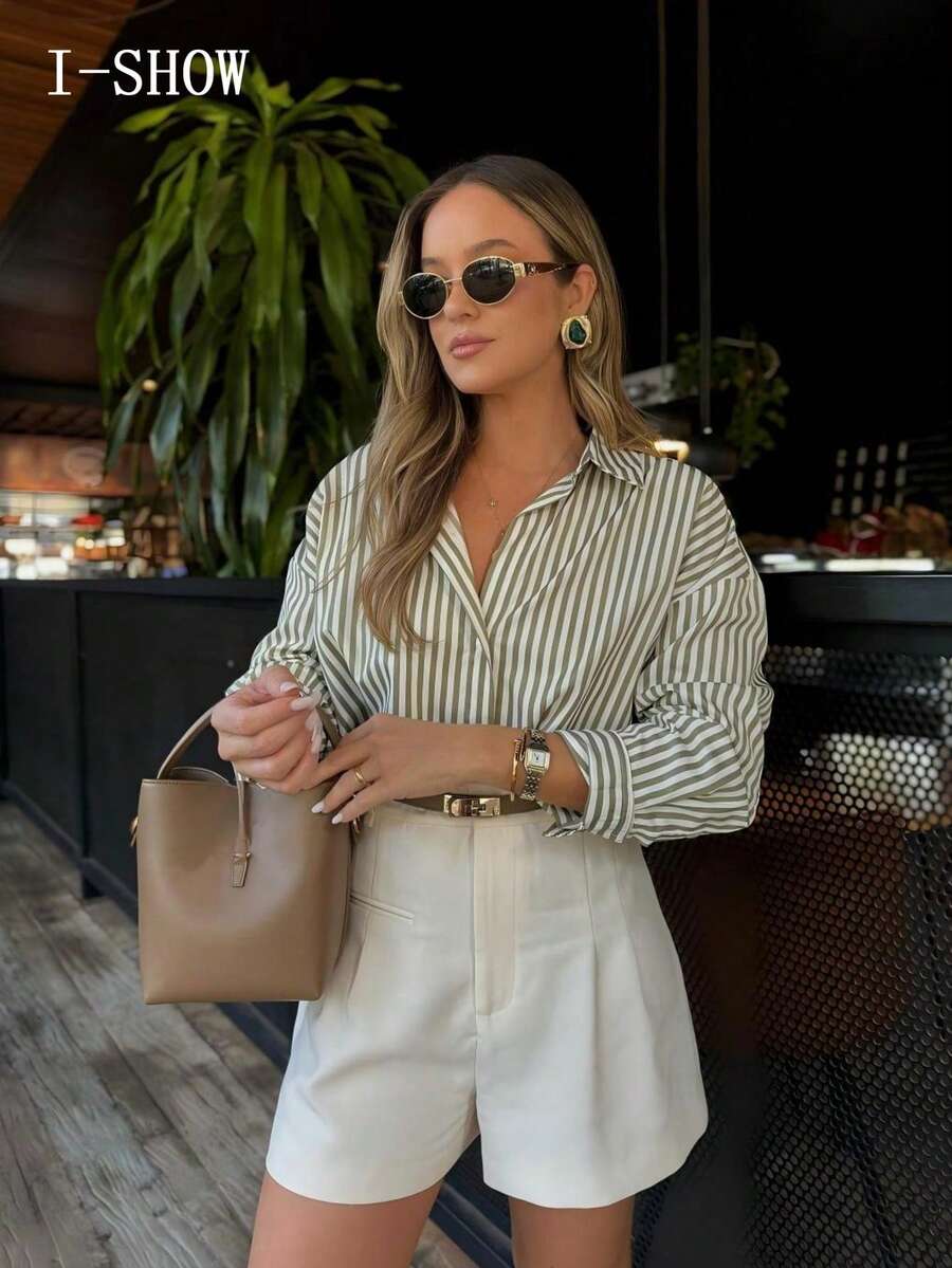 1 pieza Camisa de mujer de manga larga a rayas, adecuada para negocios, casual, ir al trabajo, fiestas, vacaciones, oficina, uso diario, viajes, todas las estaciones - Verde militar - Ver 1