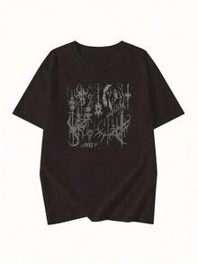 Fashion Printed T-Shirts For Women, Oversized Streetwear Tops, Comfortable And Stylish All-Match Summer Tees. Women's Summer T-Shirt, Short Sleeve, Geometric Print, Round Neck, Korean Style, Loose Fit, Modern And Versatile - 黑色 - 查看 2
