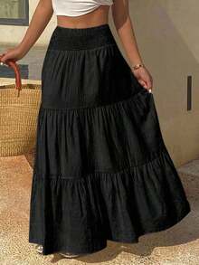 Women's Solid Color Skirt For Vacation And Leisure, Bohemian Style - Black - View 9