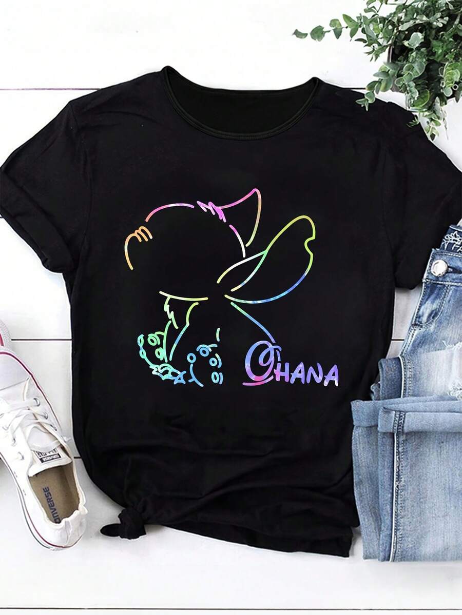 Women's Cartoon Knit T-Shirt, Casual Summer Tee With Colorful Geometric Print, Regular Size, Short Sleeve Crew Neck Tee For Mother's Day And Father's Day Gifts (Officially Licensed), Holiday Gift Idea, Playful Design, Quality Stitching, Officially Licensed - 黑色 - 查看 1