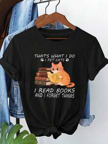 Talla, Camiseta Gráfica para Mujer de Talla con la Frase Eso lo que hago: acariedo gatos y leo libros - Gato Atigrado Leyendo, Manga Corta, Cuello Redondo, Top Casual de Verano y Primavera para Amantes de los Libros y Damas, Atuendo Divertido para Ratones de Biblioteca - Negro - Ver 7