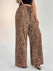 PETITE Pantalones anchos de estampado de leopardo para mujer - Multicolor 3 - Ver 4