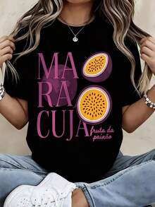 Women's Casual T-Shirt, Round Neck, Passion Fruit Print, Short Sleeve, Casual Summer Top For Everyday Wear And Outings, 100% Cotton, Durable - 黑色 - 查看 7