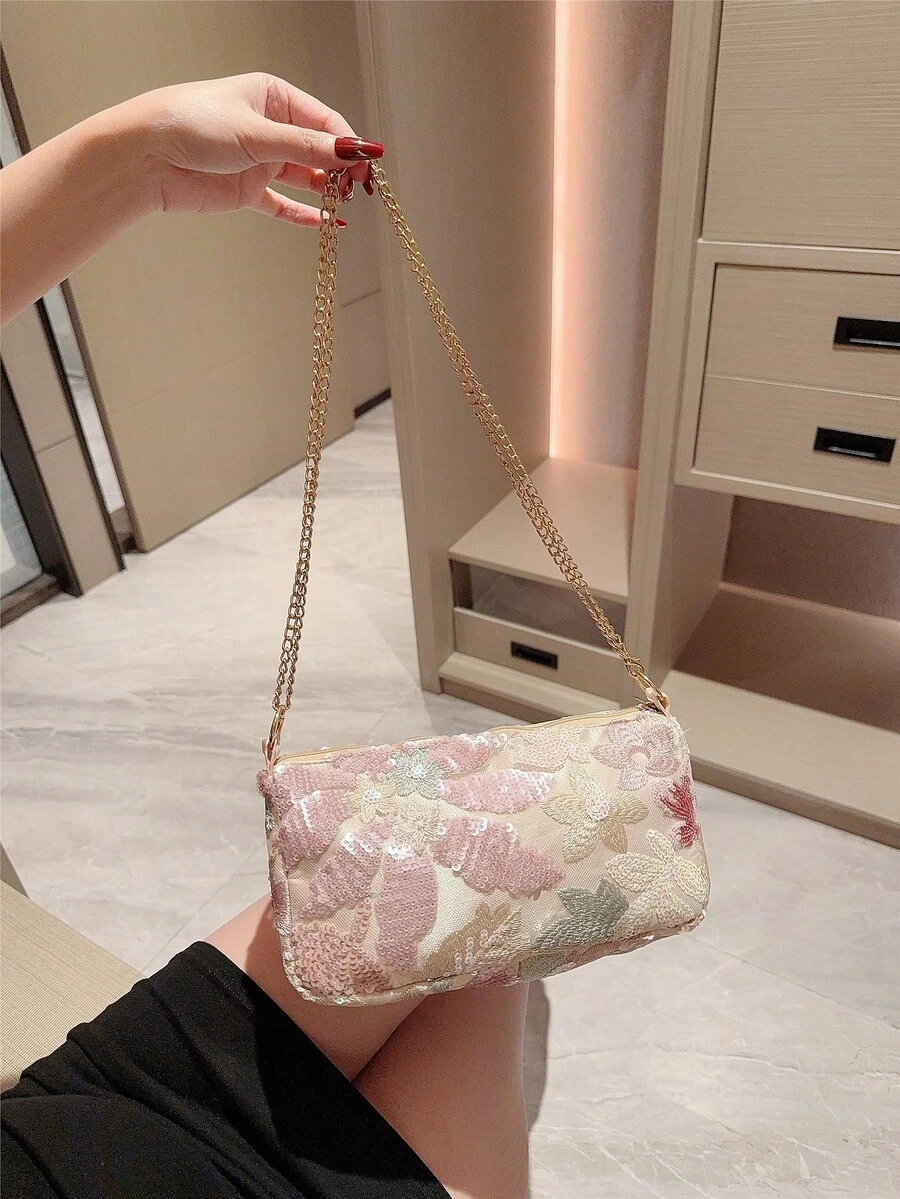 Moonlit Eve Bag, Multicolor Floral Crossbody Shoulder Bag, Fashionable Retro Chain Evening Clutch, Mini Square Box Bag, Suitable For Party Girls, Brides, College Students, Young Professionals, Patterns Randomly Sent - Pink - View 1