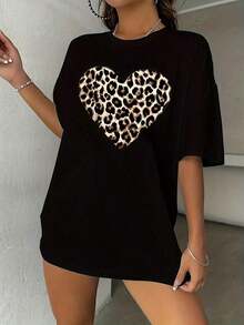 Talla Grande - Talla Grande - Camiseta de Cuello Redondo con Mangas Cortas y Diseño de Corazón con Estampado de Leopardo - Negro - Ver 4