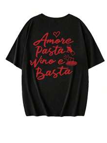 Nueva Camiseta de Verano Minimalista de Moda Italiana con Estampado de Letras de Vino y Pasta, Cuello Redondo, Manga Corta, Versátil y Elegante para Mujer, Blanca - Negro - Ver 4