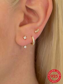 3 Stücke 925 Sterling Silber Ohrringe Set, geeignet für mehrfache Piercings, zarte 18K Goldplattierte Ohrstecker, kleine Ohrringe, Hypoallergen für empfindliche Ohren, Damen - Silber - Übersicht 2