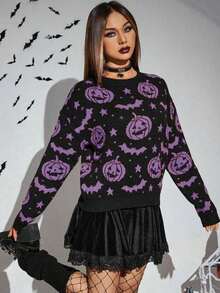 Suéter de mujer con estampado de calabaza y murciélago de Halloween, jersey de punto de otoño e invierno - Multicolor 2 - Ver 6