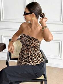 Top bandeau con volantes y estampado de leopardo, top sin tirantes, top de estilo vacacional sexy y elegante para mujer - Multicolor - Ver 1